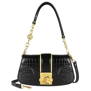 Louis-Day Black Crocodile Shoulder Bag with Gold Accents